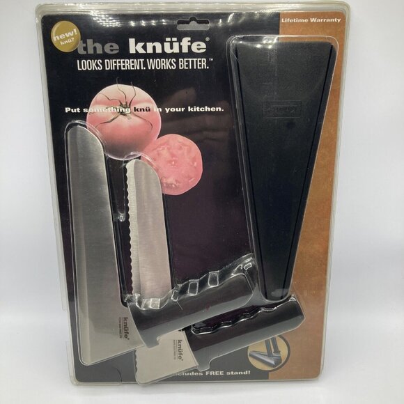 The Knufe Kitchen Knife Angled Handle Cutlery Serrated Straight Edge Stand - Picture 1 of 3